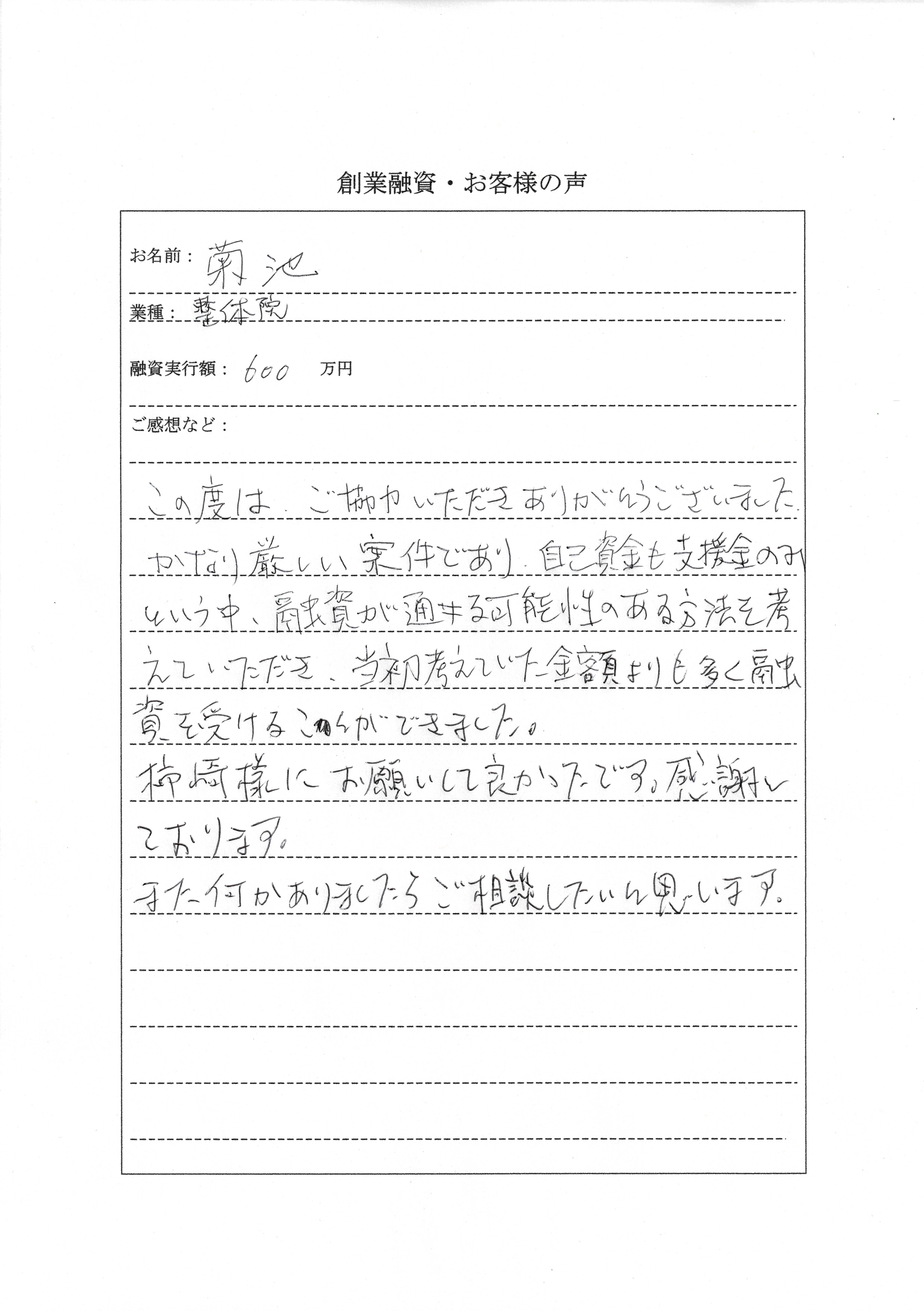 整体院 融資額 600万円